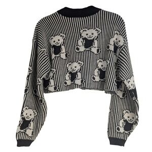 Vtg 90's Adele Knitwear Teddy Bear Striped Cropped Sweater Black White USA Made
